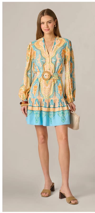 Bishop Sleeve Paisley Print Belted Short Dress In Peach Multi