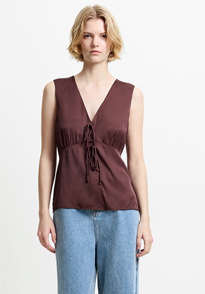 Candice Satin Bow Brown Tie-Up Top