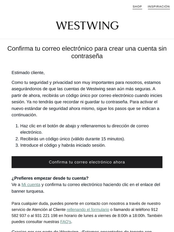 Nuevo, más seguro Westwing: confirma tu correo electrónico
