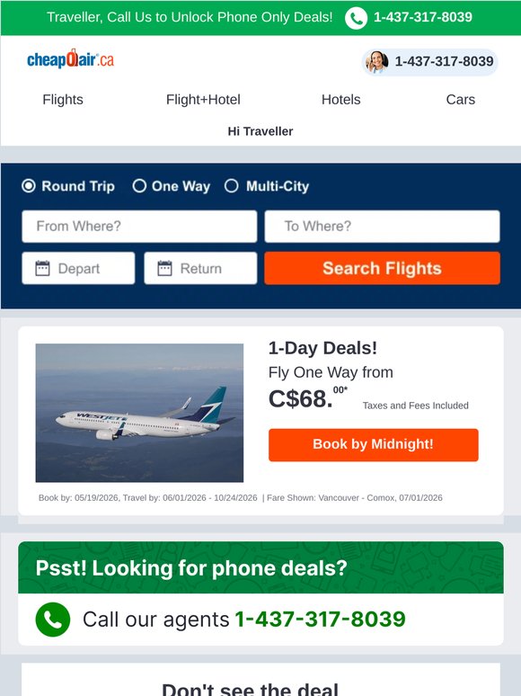 ✈ 1-Day Deals: Fly from C$68.00