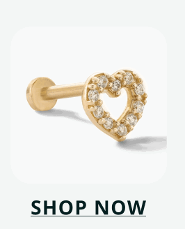 Gold flat-back stud featuring a heart-shaped outline embellished with tiny pave stones. Click here to shop now
