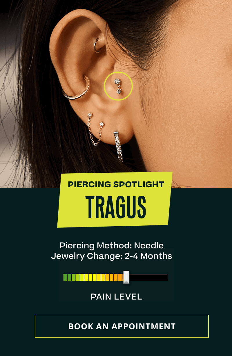 Model’s diamond-drop tragus circled in yellow. TRAGUS. Needle. Change 2-4 months. Medium pain level meter. Click here to book an appointment