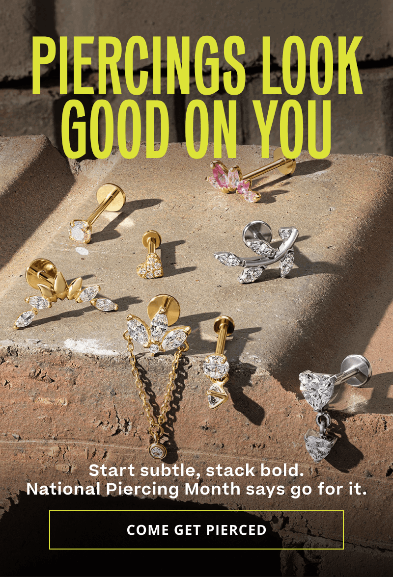 Assortment of gold & silver-set flat backs with unique shapes & elements. Subtle, bold. National Piercing Month. Click here to come get pierced