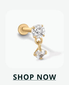 Gold flat-back stud featuring a top stone connected to a dangling drop stone.Click here to shop now