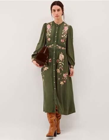 Amelie Floral Embroidered Midi Dress Green