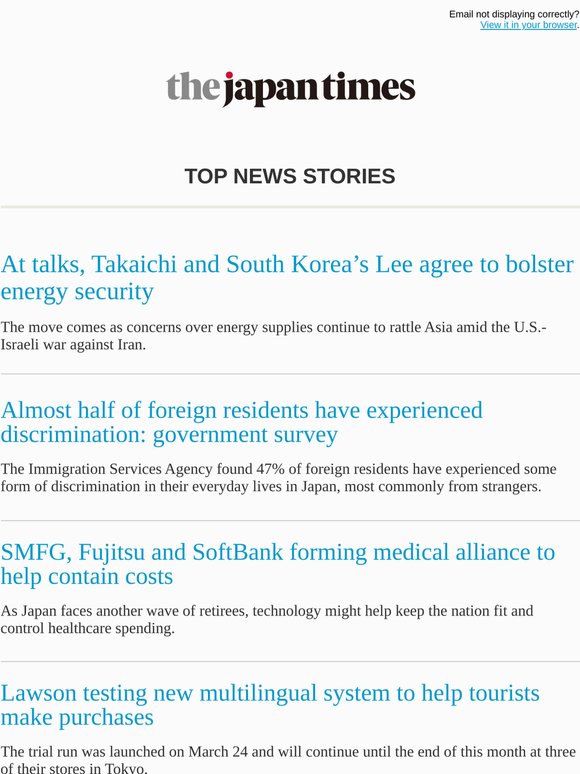 Today's top news: At talks, Takaichi and South Korea’s Lee agree to bolster energy security