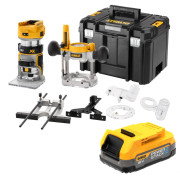 Dewalt DCW604NT 18V XR Brushless 1/4'' Router - Body with Fixed Bases, Plunge Base, T-STAK Case & 1x 1.7Ah Powerstack Battery