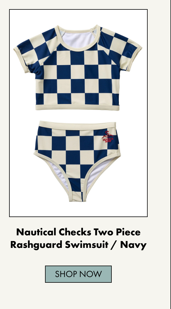 List of products:  Seaside Gingham / One Piece Swimsuit / Cherry Seaside Gingham / Two Piece Swimsuit / Cherry Seaesta Scallop Retro Flare Boardshort / Nautical Checks / Navy Blue + Red Nautical Checks Two Piece Rashguard Swimsuit / Navy Nautical Flag Crew / Ash / Youth + Adult Nautical Crew / Navy / Youth + Adult