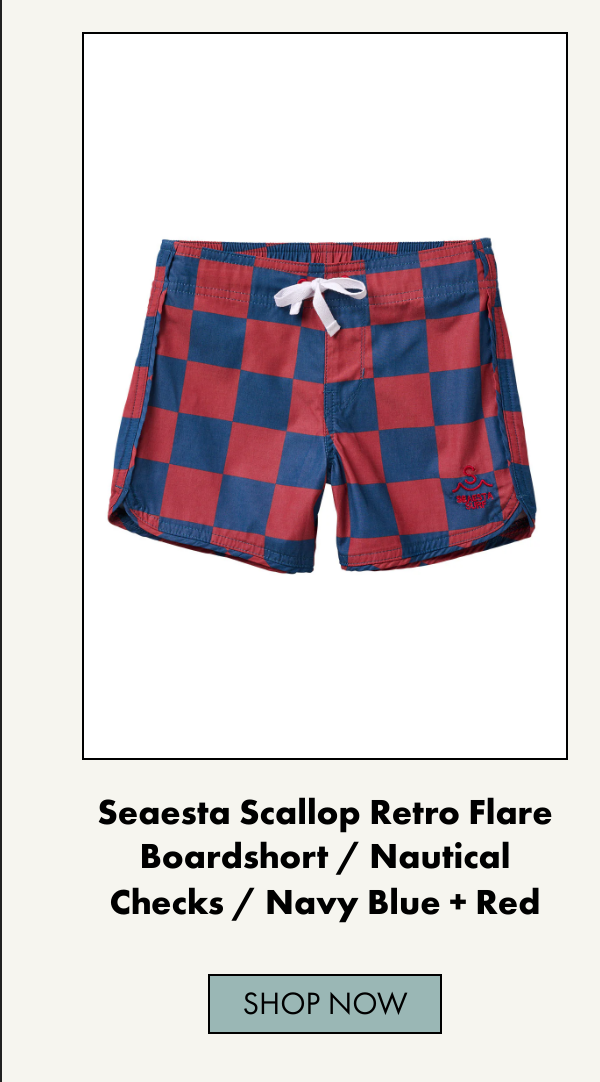 List of products:  Seaside Gingham / One Piece Swimsuit / Cherry Seaside Gingham / Two Piece Swimsuit / Cherry Seaesta Scallop Retro Flare Boardshort / Nautical Checks / Navy Blue + Red Nautical Checks Two Piece Rashguard Swimsuit / Navy Nautical Flag Crew / Ash / Youth + Adult Nautical Crew / Navy / Youth + Adult