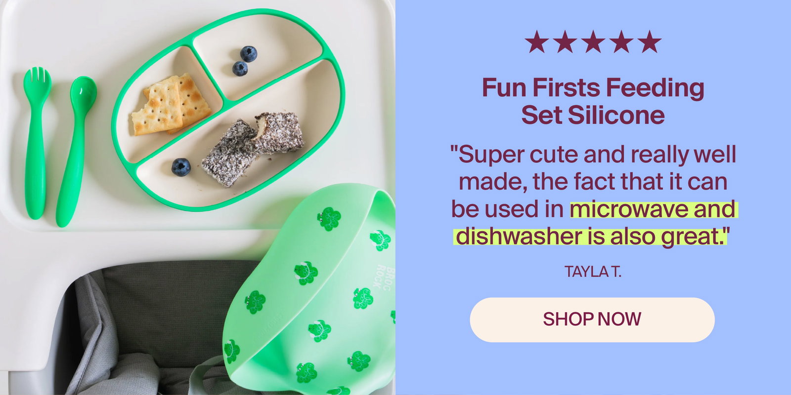 "Super cute and really well made, the fact that it can be used in microwave and dishwasher is also great.". Shop  Fun Firsts Feeding Set Silicone 