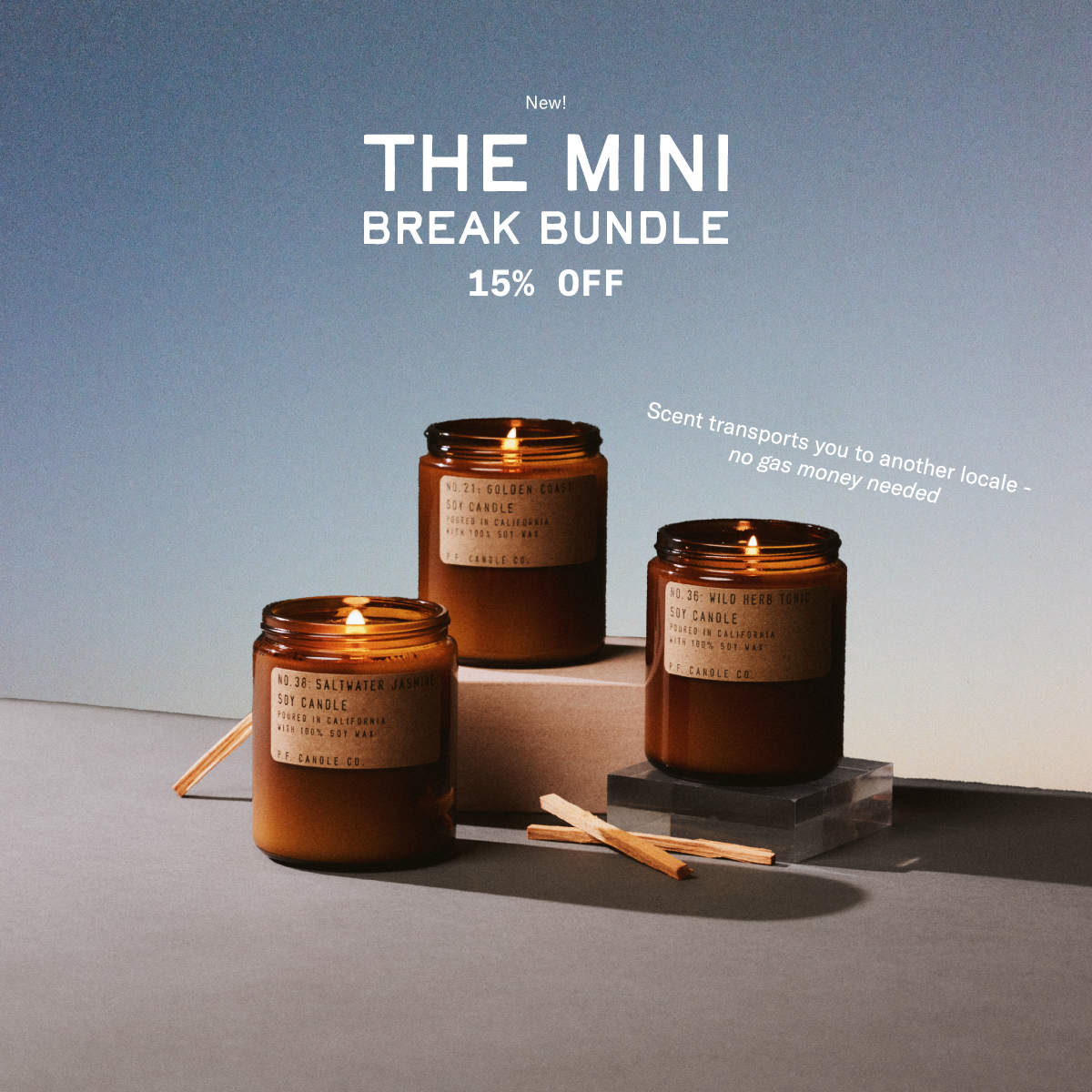 NEW! THE MINI BREAK BUNDLE 15% off Scent transports you to another locale - no gas money needed [three candles on display over sky background]