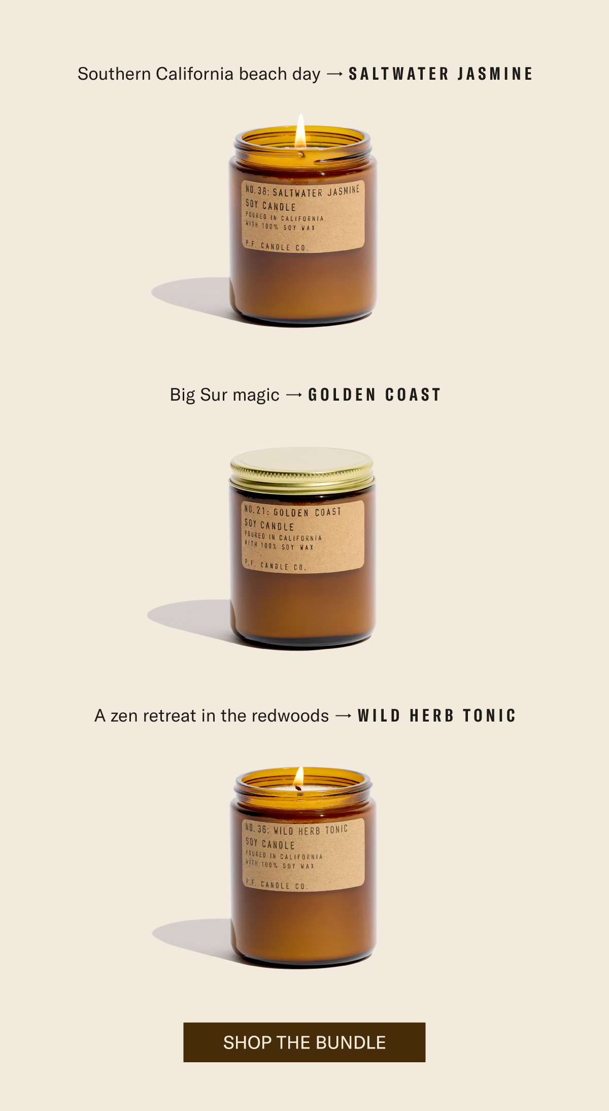 Southern California beach day → Saltwater Jasmine  Big Sur magic → Golden Coast  A zen retreat in the redwoods → Wild Herb Tonic   [SHOP THE BUNDLE]