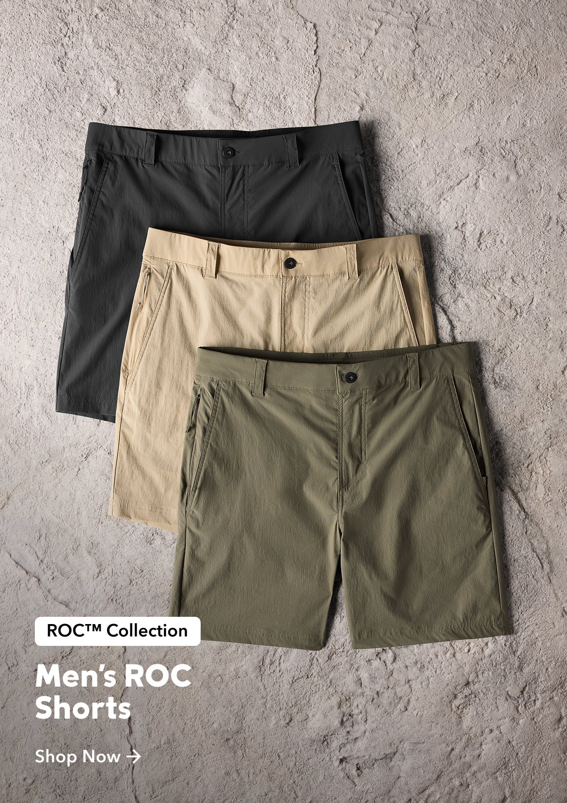 Three pairs of earth-toned shorts against a rocky backdrop with text: ROC Collection Men's ROC Shorts
