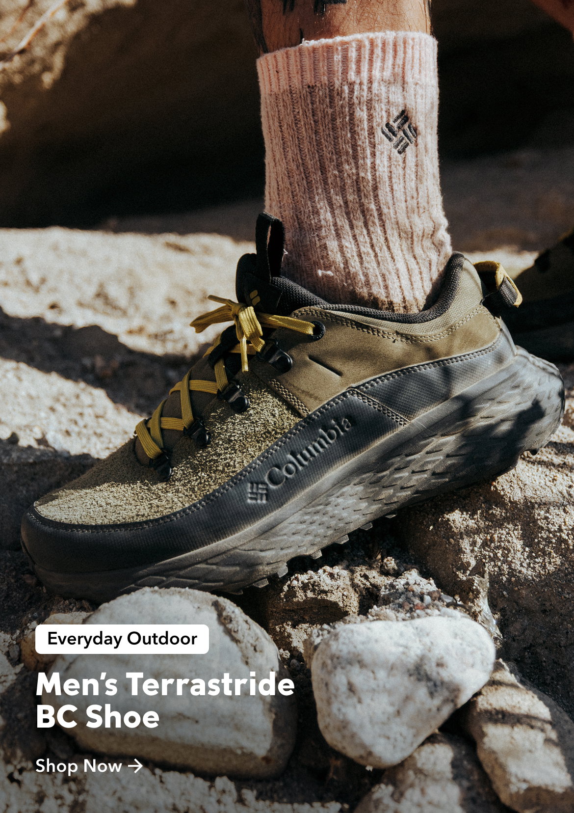 Close up of hiker's shoe while standing on a rock. Title reads, Everyday Outdoor. Men's Terrastride BC Shoe.