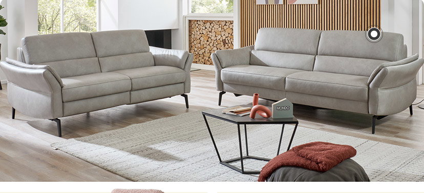 Zwei helle Sofas stehen in einem helleingerichteten Raum. Vor den Sofas steht ein dunkler Couchtisch auf einem hellen Teppich. Im Hintergrund sieht man einen Kamin, große Fenster und eine Holzwand.