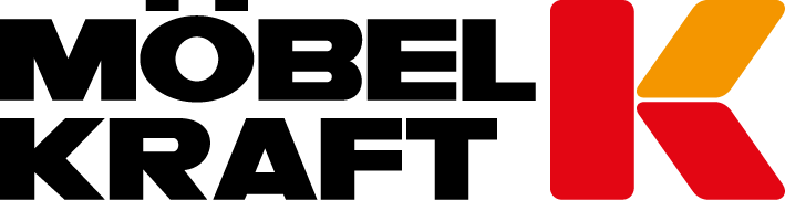 Das Möbel Kraft Logo mit einem stilisierten roten und orangefarbenen Buchstaben K.