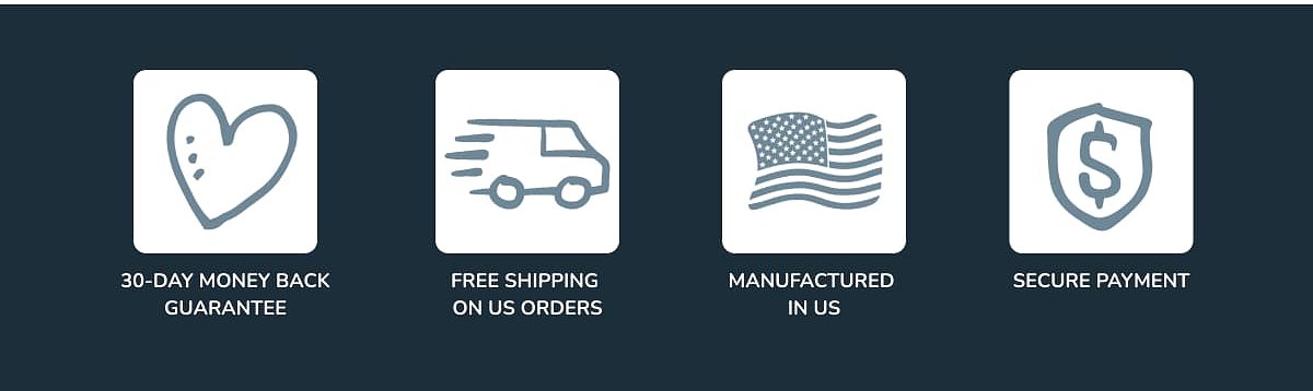 30-day money back guarantee, free shipping on US orders, manufactured in US, secure payment.