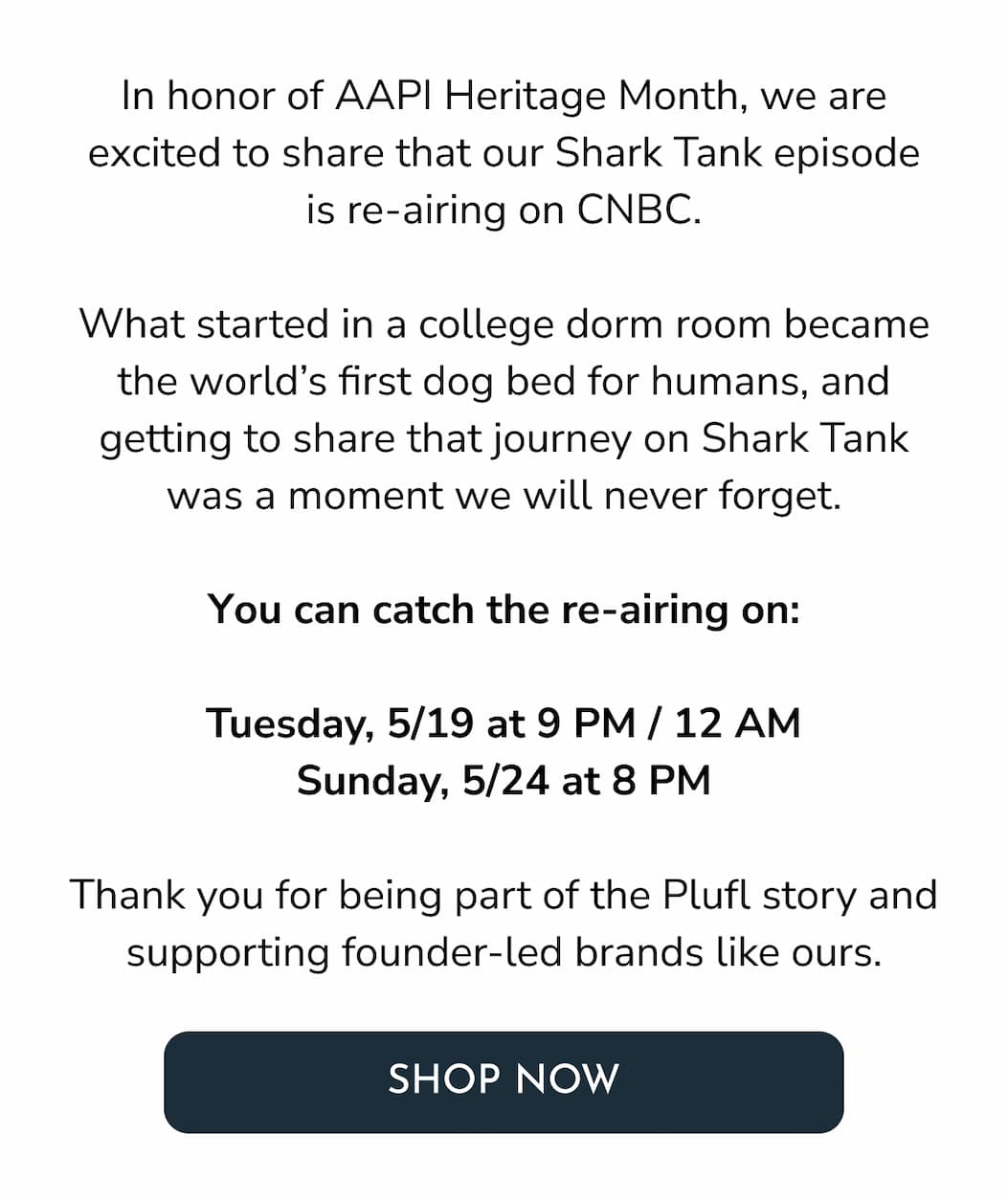 Announcement for re-airing of Shark Tank episode during AAPI Heritage Month.