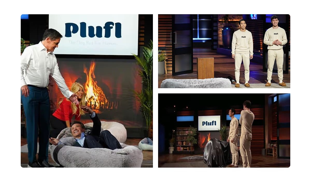 A presentation scene featuring a cozy bean bag and a logo for Plufl.