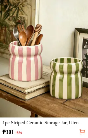 1pc Striped Ceramic Storage Jar...