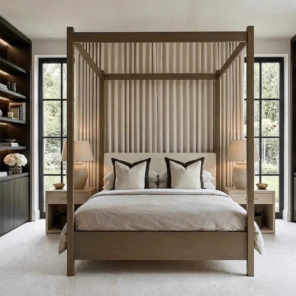 Eden Dark Taupe 4 Poster Wooden Bed with Cream Velvet Headboard