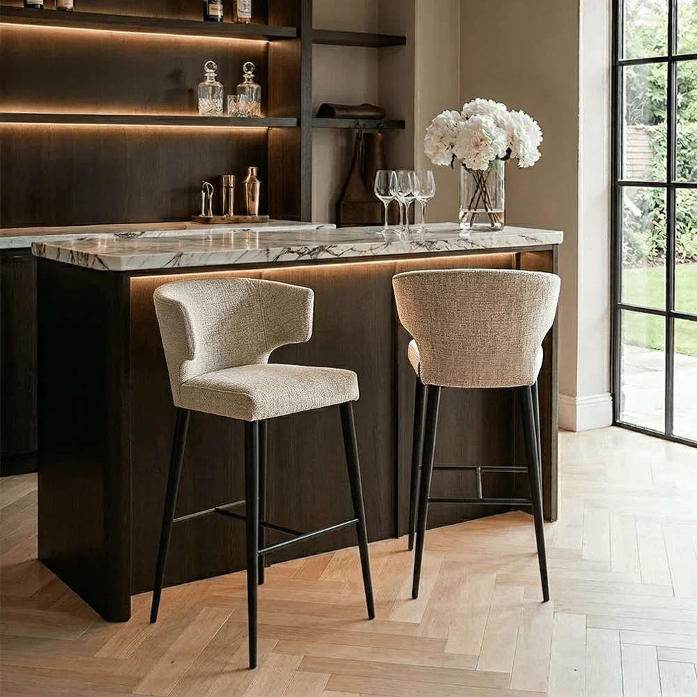 Bourton Beige Chenille Bar Stool with Black Legs