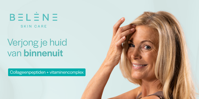 Belène Skin Care banner: smiling woman touching her temple, promoting skin rejuvenation with collagen peptides and vitamins