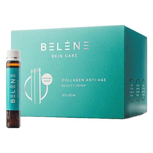 BELENE Skin Care collagen anti-age beauty drink boxed set with turquoise vials, close-up of hands holding a single vial above open box