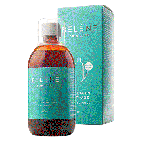 Belène Skin Care collagen anti‑age beauty drink bottle with teal label and box; hand holding bottle and pouring a serving into a yellow measuring cup