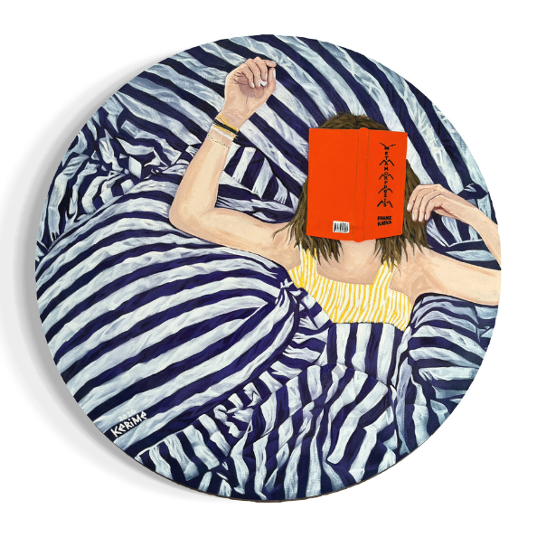 painting of a girl with a book on her face