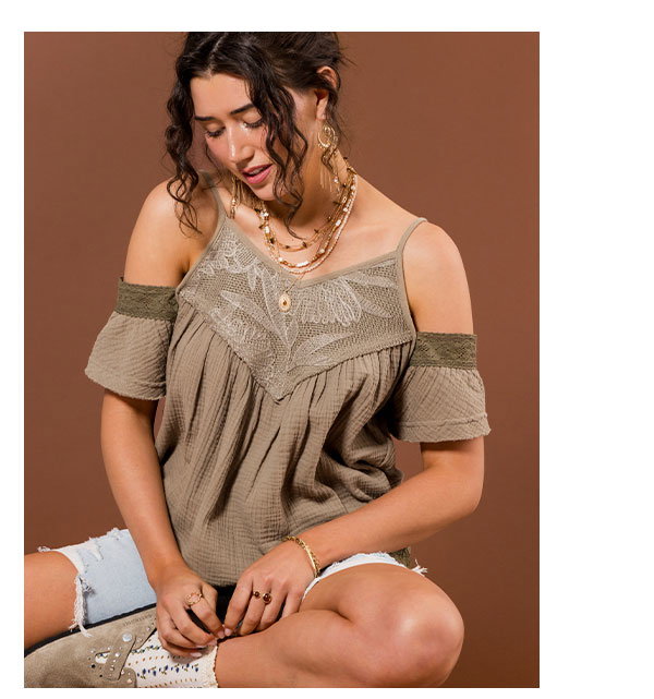 Embroidered Cold Shoulder Top