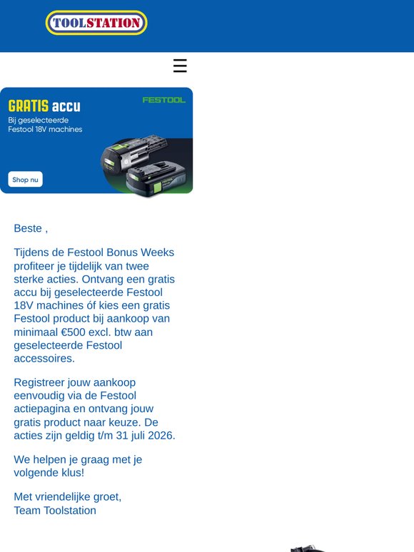 Ontvang een gratis accu of cadeau van Festool