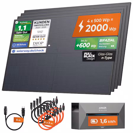 2000W + Anker 2 PRO Solarway® All In One Balkonkraftwerk mit Speicher 2000W komplett Steckdose - 1,6 kWh Anker Solix 2 PRO Speicher