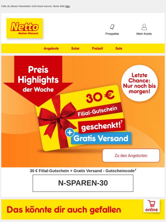 Letzte Chance: 30 € Filial-Gutschein + Gratis Versand sichern! 💥