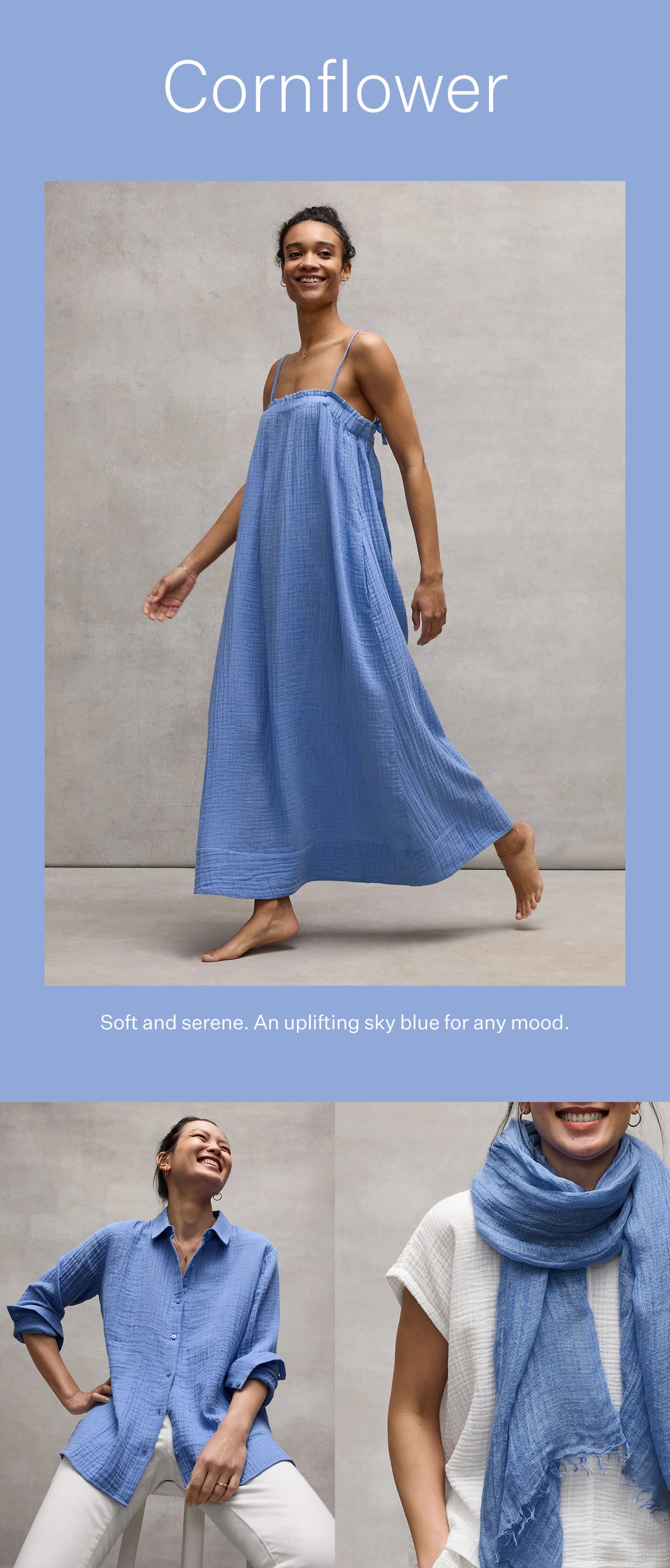 Cornflower. Soft and serene. An uplifting sky blue for any mood.