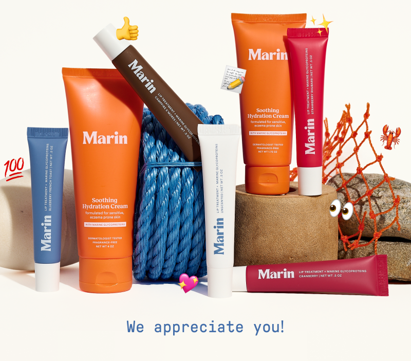 Collection of Marin Skincare products styled together with playful doodles and coastal props, including Soothing Hydration Cream and several Lip Treatments in different flavors and colors. Text at the bottom reads “We appreciate you!”
