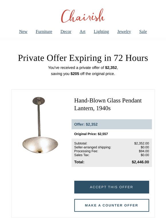 You have a private offer from a seller on Hand-Blown Glass Pendant Lantern, 1940s