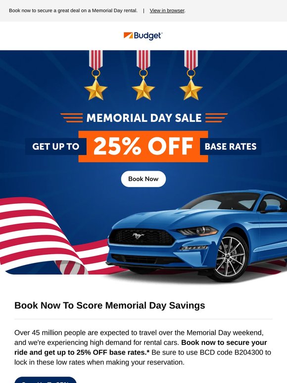 Budget Memorial Day Sale 🎇 Grab up to 25% OFF base rates!
