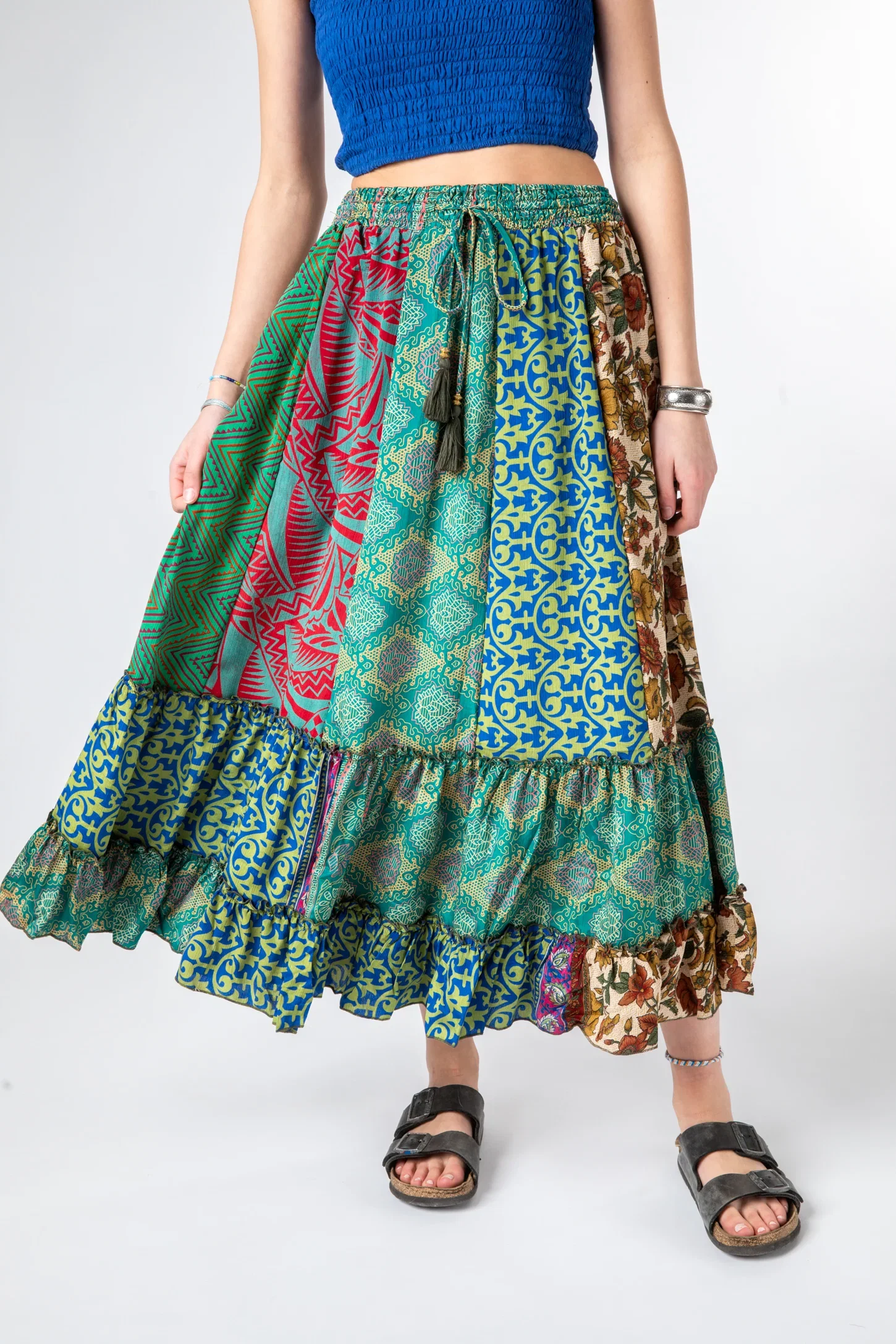 Image of Patchwork Sari Silk Prairie Skirt