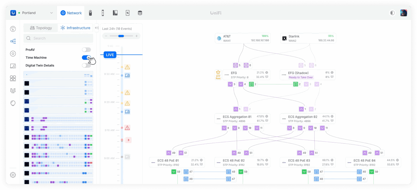 The time-machine experience is now integrated into the infrastructure topology screen, putting critical interconnect history exactly where it matters.