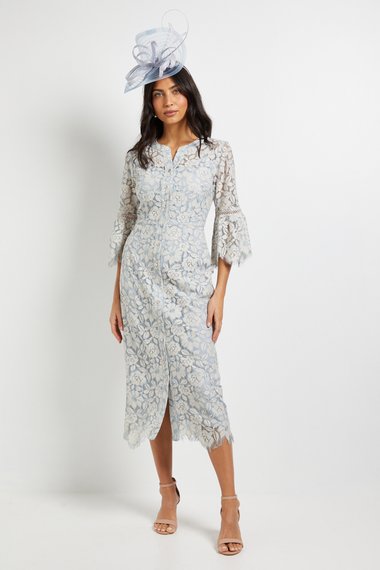 Lace Button Flute Sleeve Midi Dress