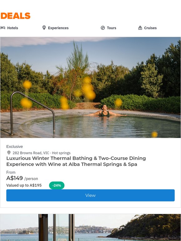 Explore Top Experiences! Mornington Peninsula Thermal Bathing + 2-Course Dining, Lunch at Ripples Chowder Bay in Mosman, Sea World Humpback Whale Watching Cruise & More