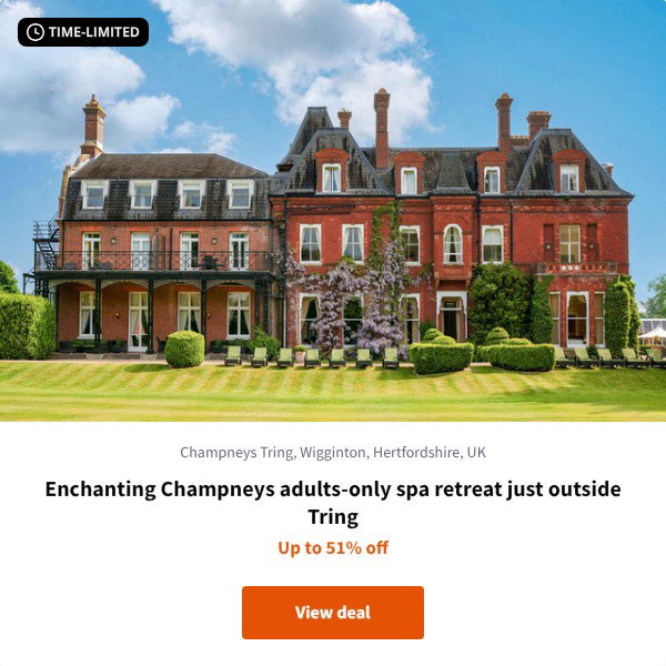 Enchanting Champneys adults-only spa retreat just outside Tring