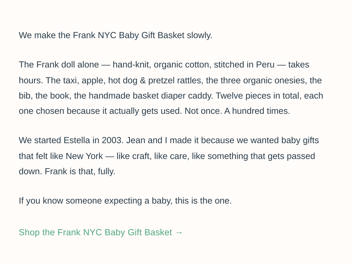 Letter about the Frank NYC Baby Gift Basket — handcrafted organic baby gift