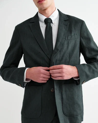 Fintry - Dark Green Linen Single-Breasted Blazer