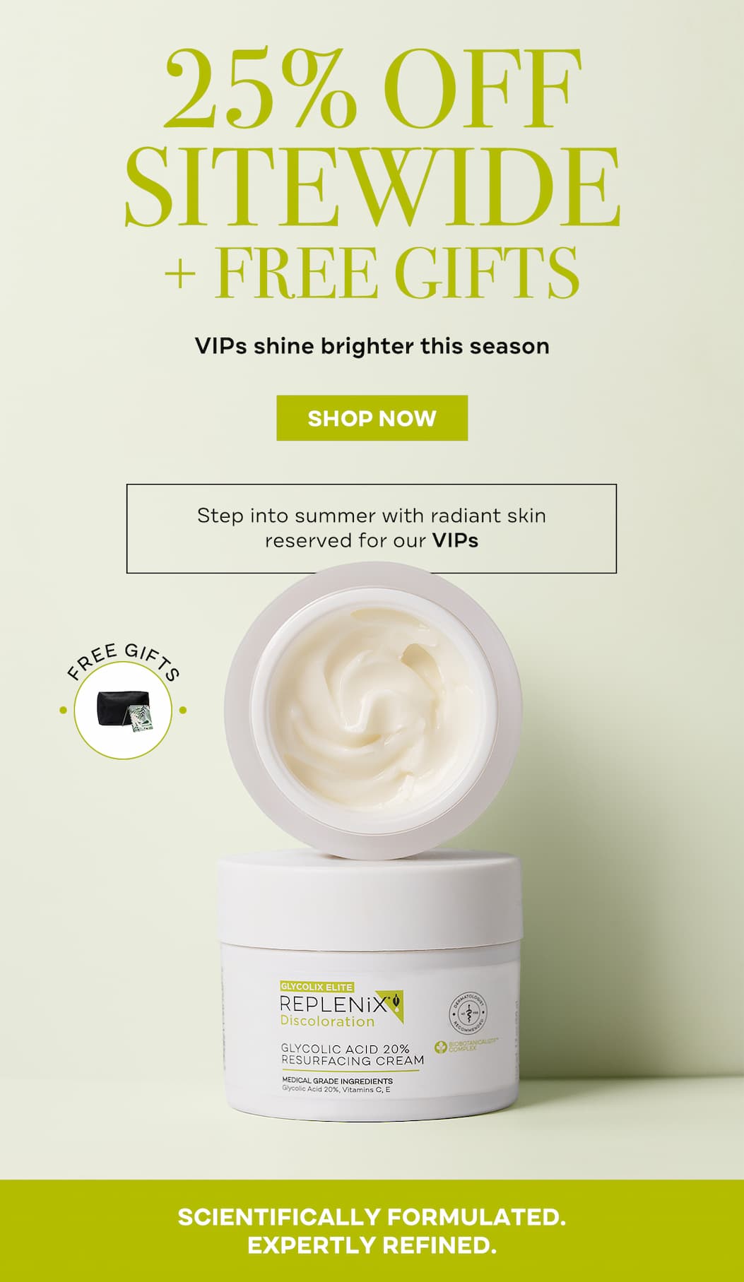 Replenix VIP Summer Glow skincare event featuring 25% off sitewide plus complimentary gifts including pouch, mirror, and skincare minis with Glycolic Acid Resurfacing Cream on a soft green background.