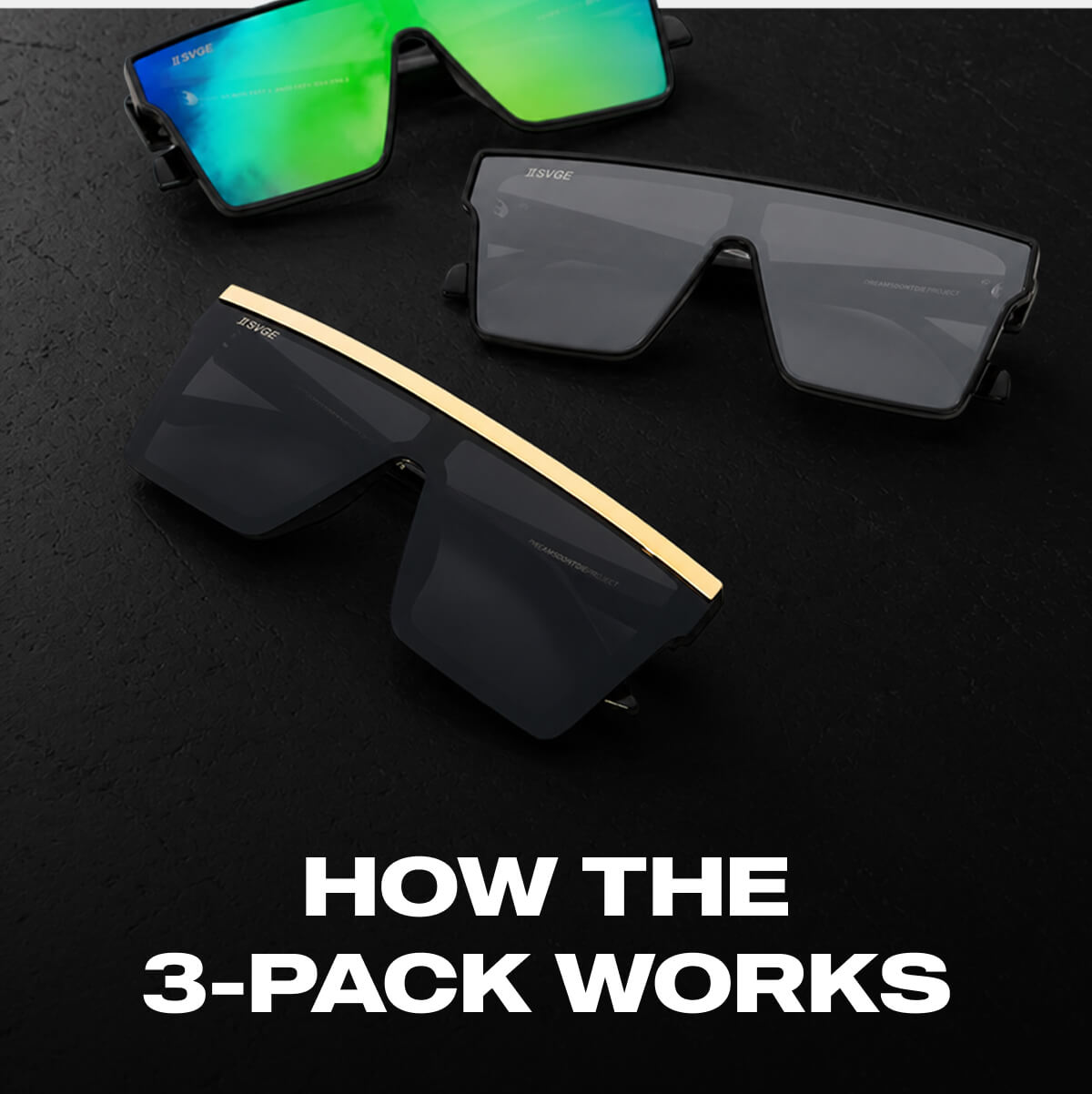 Three Two Svge sunglasses displayed - green mirrored, gray, and black lenses with wooden accent piece on dark background