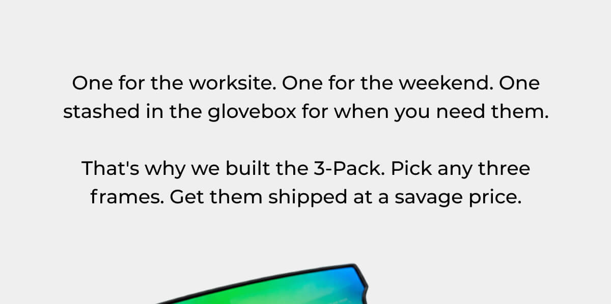Text explaining three sunglasses concept - worksite, weekend, and backup pair with product benefits description