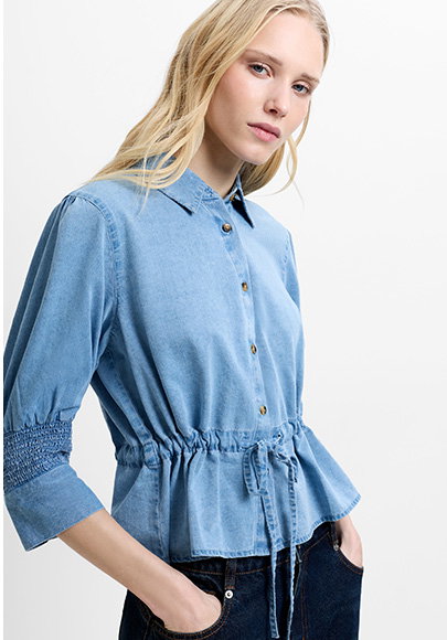 Zaves Chambray Denim Blue Drawstring Waist Top