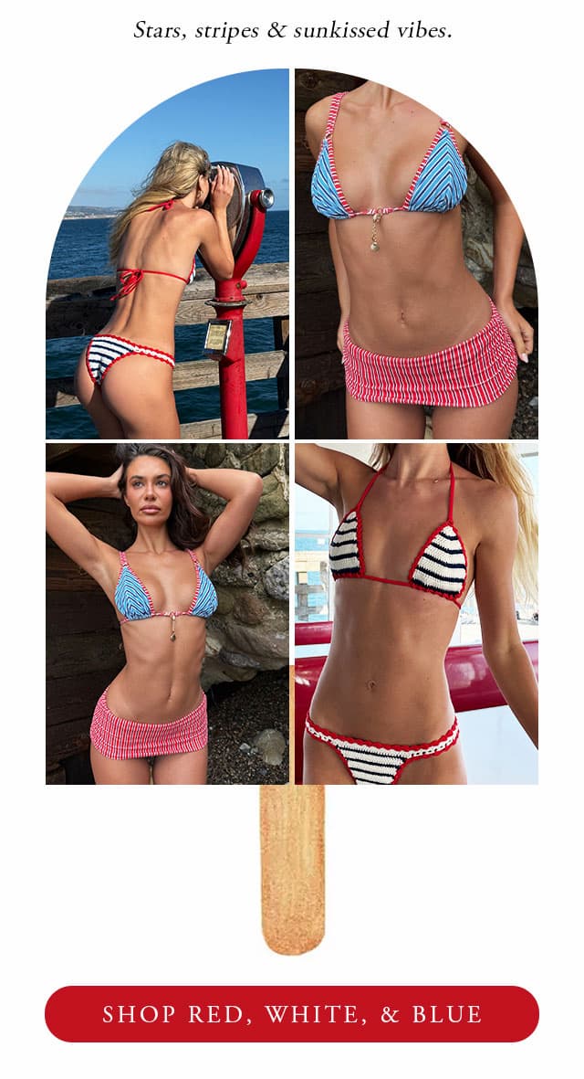 Collage cutout in the shape of a popsicle. Models wearing red, white& blue bikinis. 
